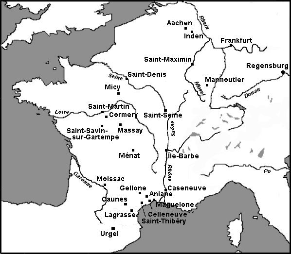Karte des heutigen Frankreich mit den wichtigsten Stationen des Wirkens Benedikts von Aniane